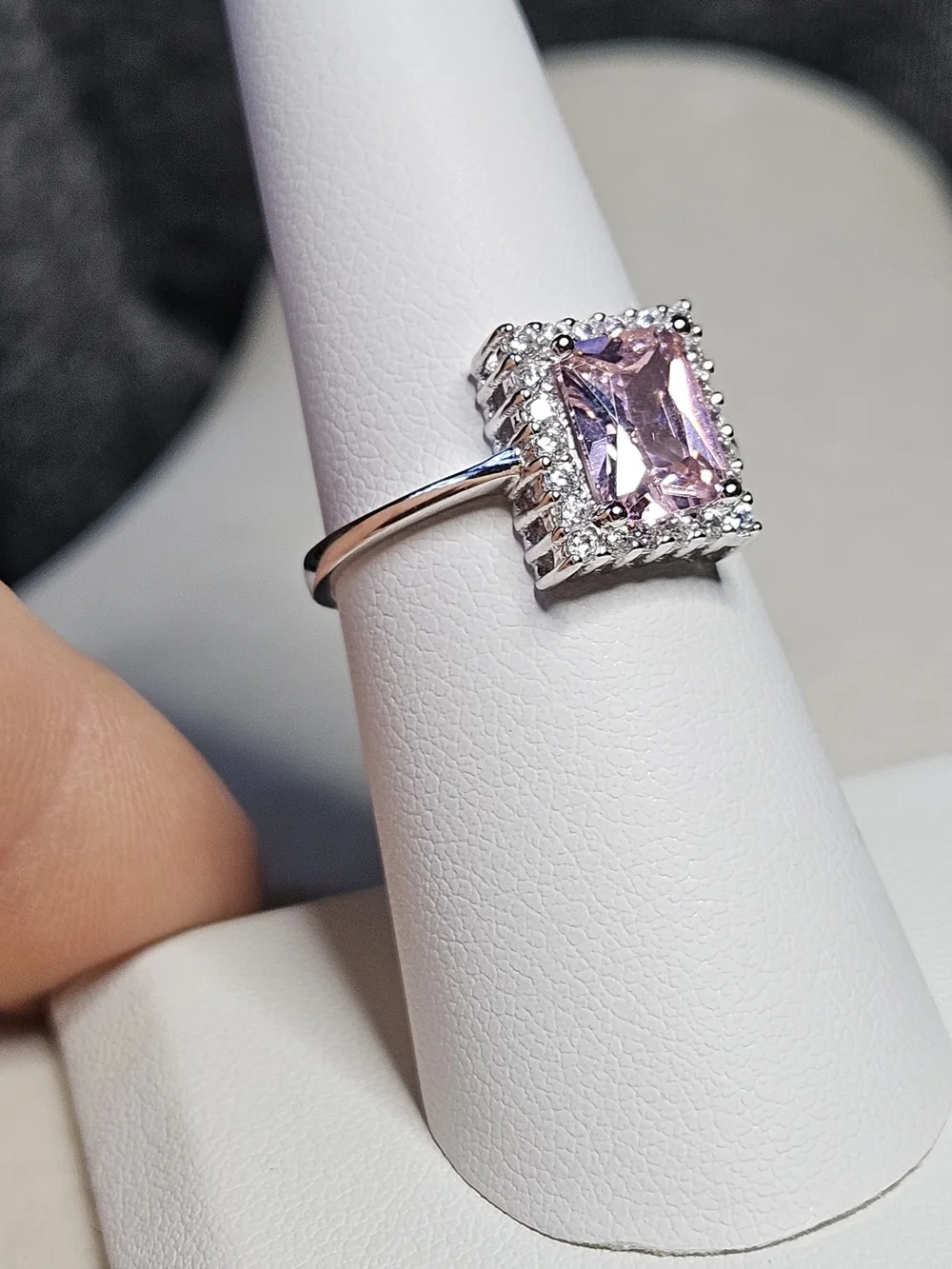 Sterling Silver Ring with Pink Rectangular Center Stone and Halo